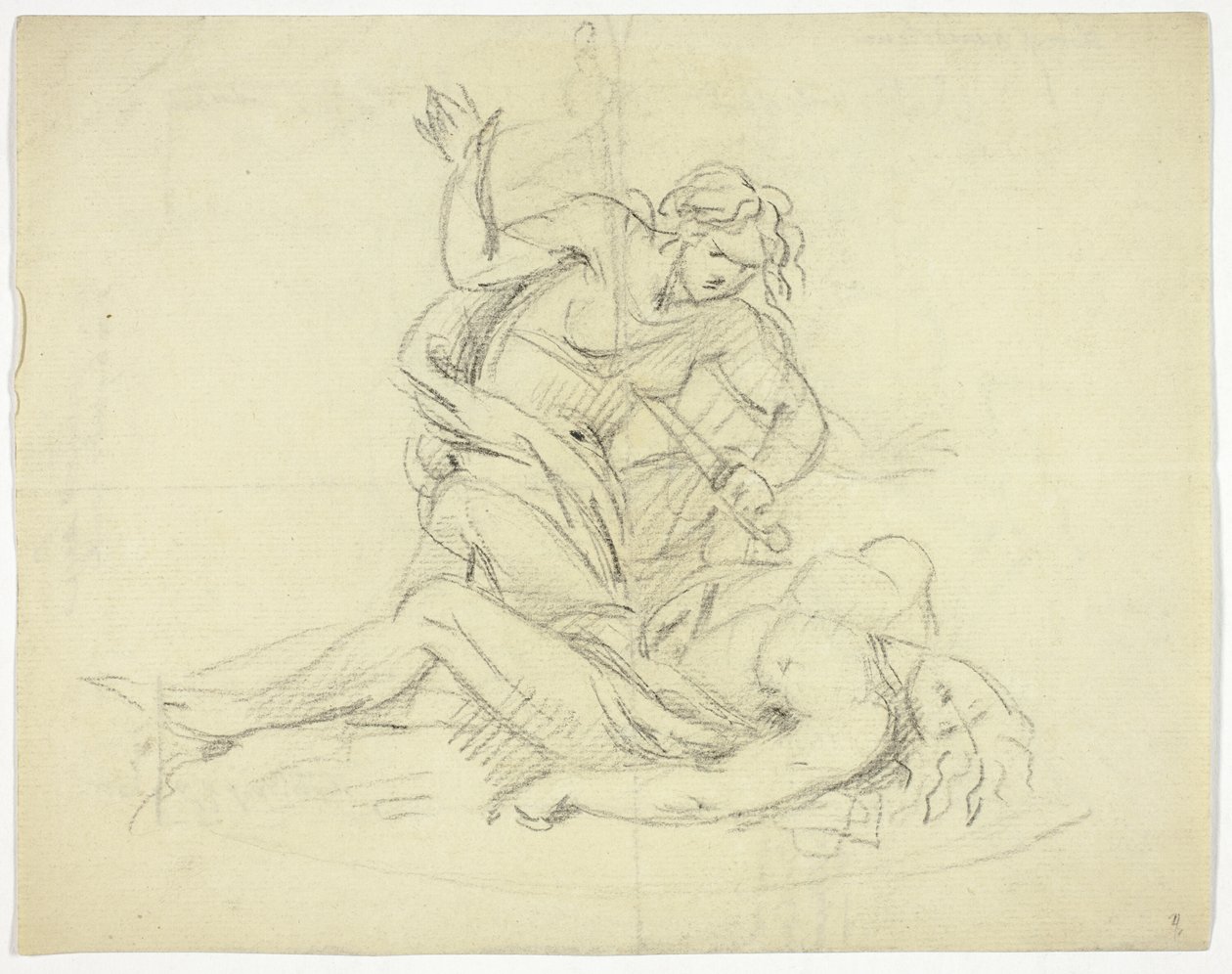 Pyramus og Thisbe (til høyre); Tre mannsfigurer med mausoleumsplanløsning (verso) av Thomas Banks