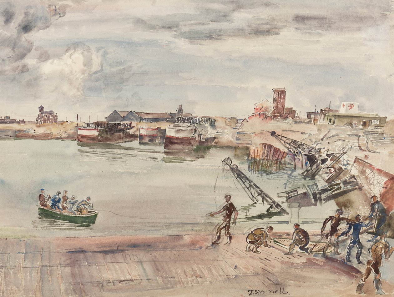 Dokker tidligere varehus (sic) i havnen i Calais Bassin Ouest, 1944 (blyant, penn, blekk, pensel og wc på papir) av Thomas Barclay Hennell