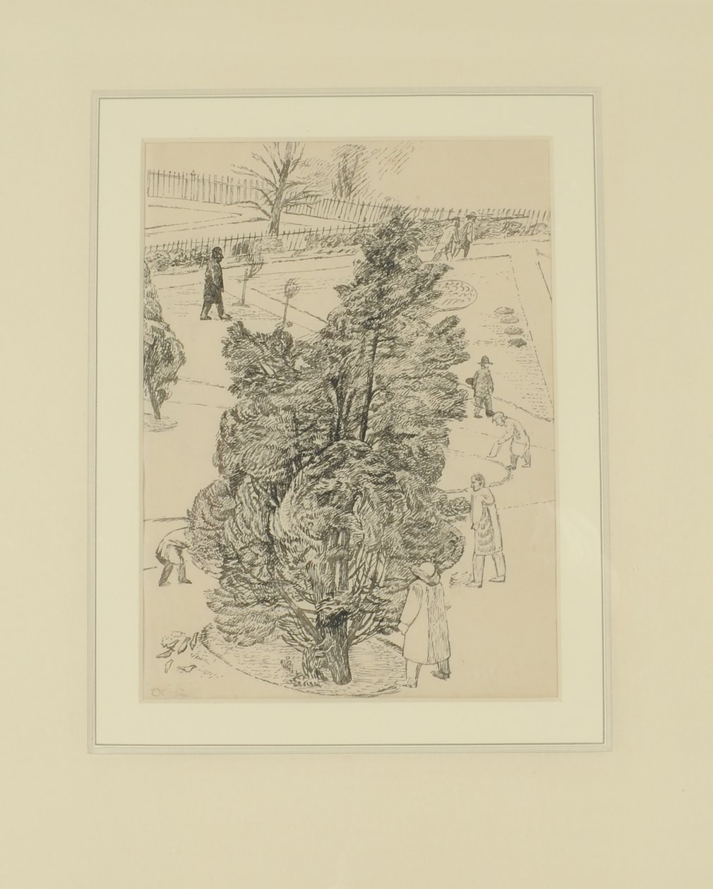 Figurer i parken; Mennene var stille, trærne snakket. Illustrasjon for The Witnesses, før 1938 (penn og blekk på papir) av Thomas Barclay Hennell