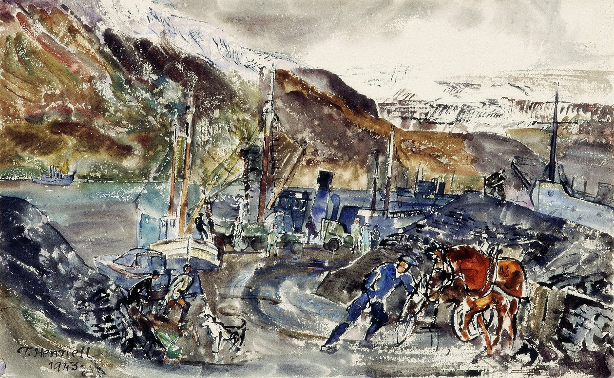 Lokale kullvogner og trålere, Seydisfjordur, Island (akvarell på papir) av Thomas Barclay Hennell