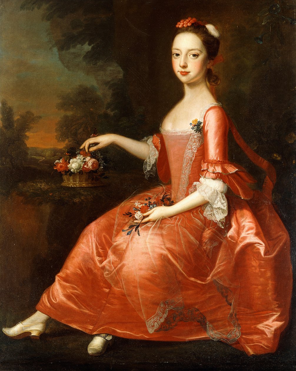 Portrett av en ung dame, sittende i full lengde, iført en rød kjole av Thomas Bardwell