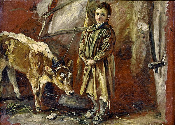 Gutt med tjoret kalv (olje på lerret) av Thomas Barker