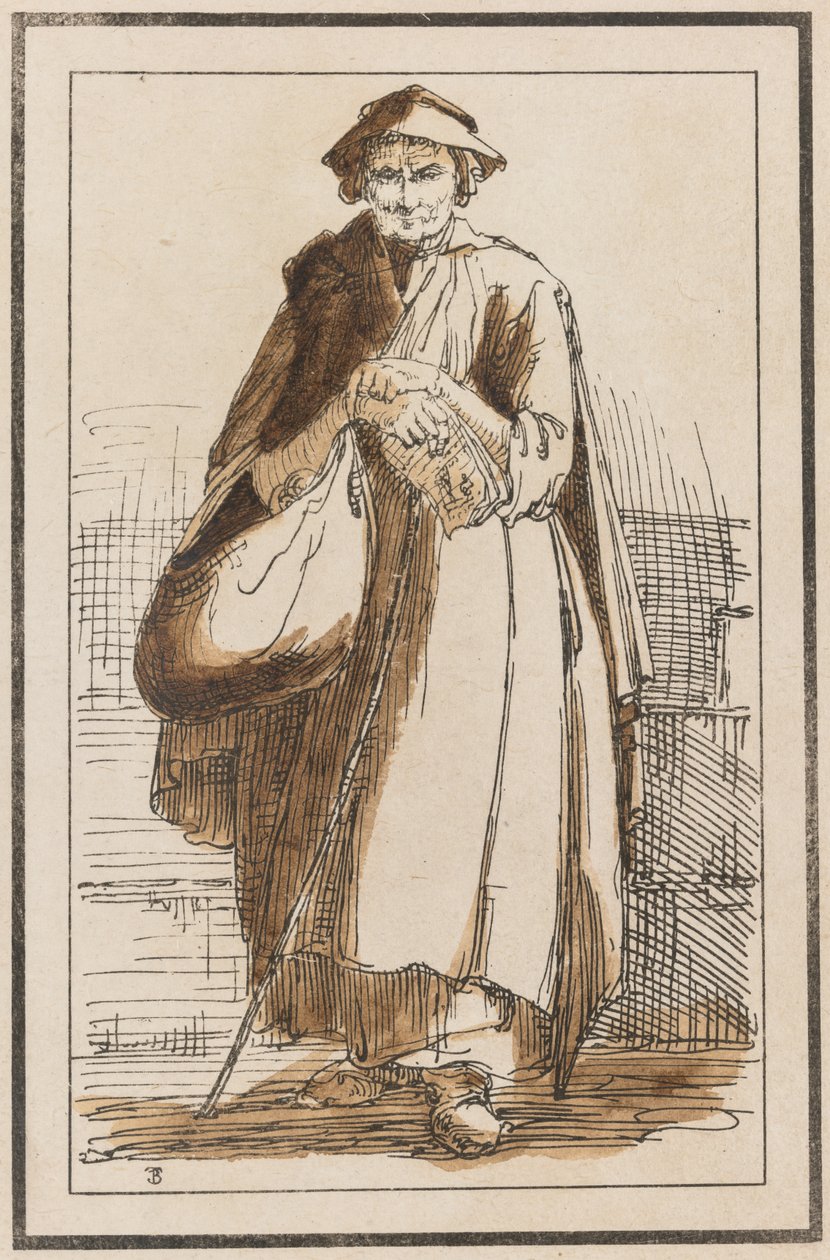 Førti litografiske inntrykk fra tegninger av landskapsbilder av Thomas Barker, valgt fra hans studier av rustikke figurer etter naturen: [Gammel kvinne i kappe med knepne hender] av Thomas Barker