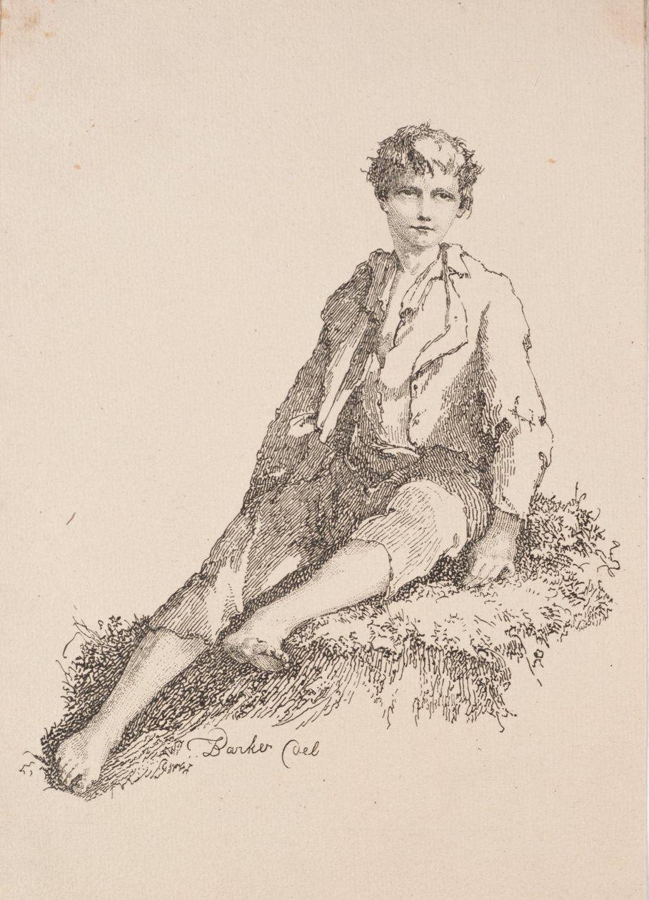 Prøver av polyautografi: Gutt sitter på en gresskledd bredde av Thomas Barker