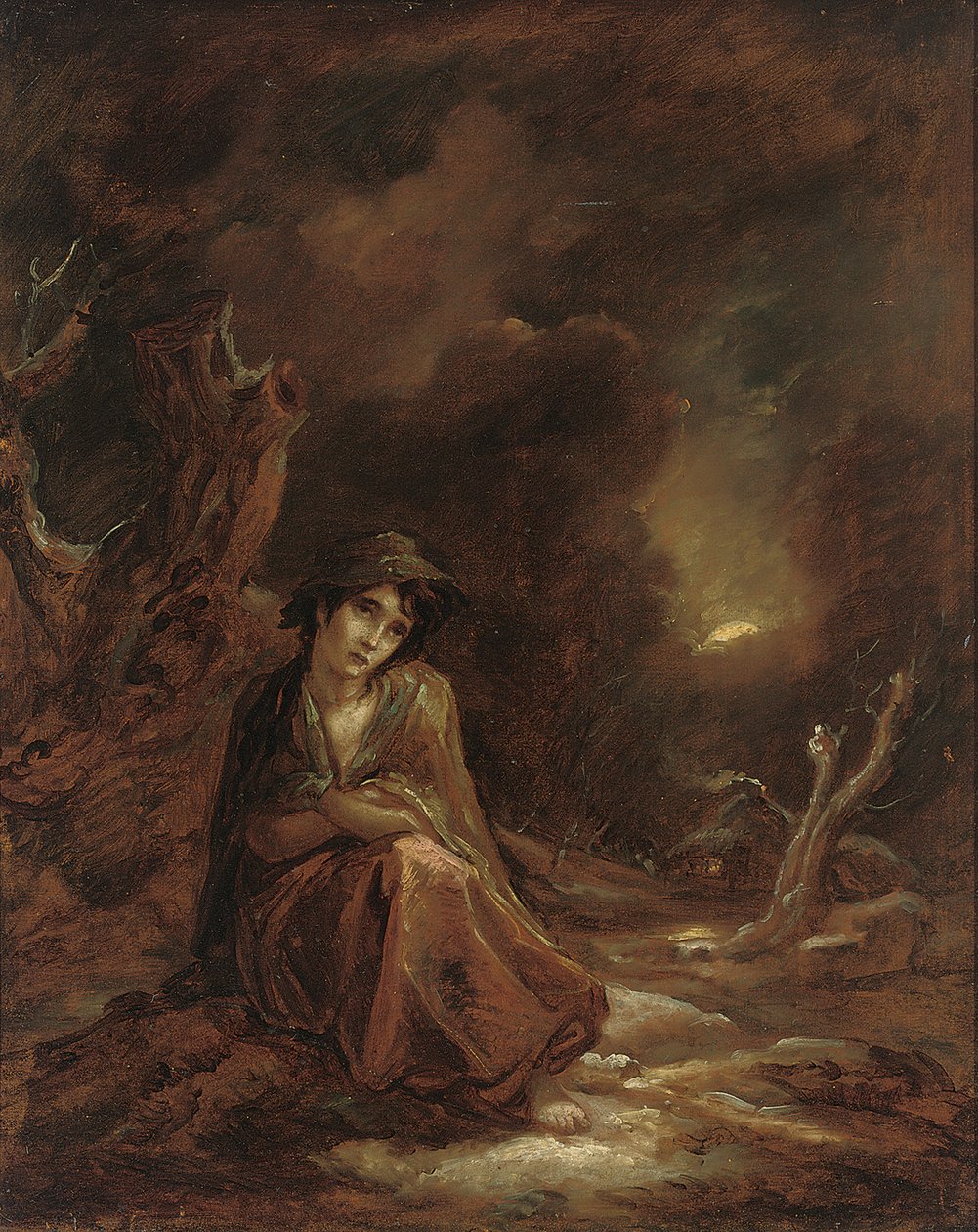 Scener fra William Cowpers "The Task": et månebelyst vinterlandskap med Crazy Kate i ro på et spor, 1785 av Thomas Barker of Bath
