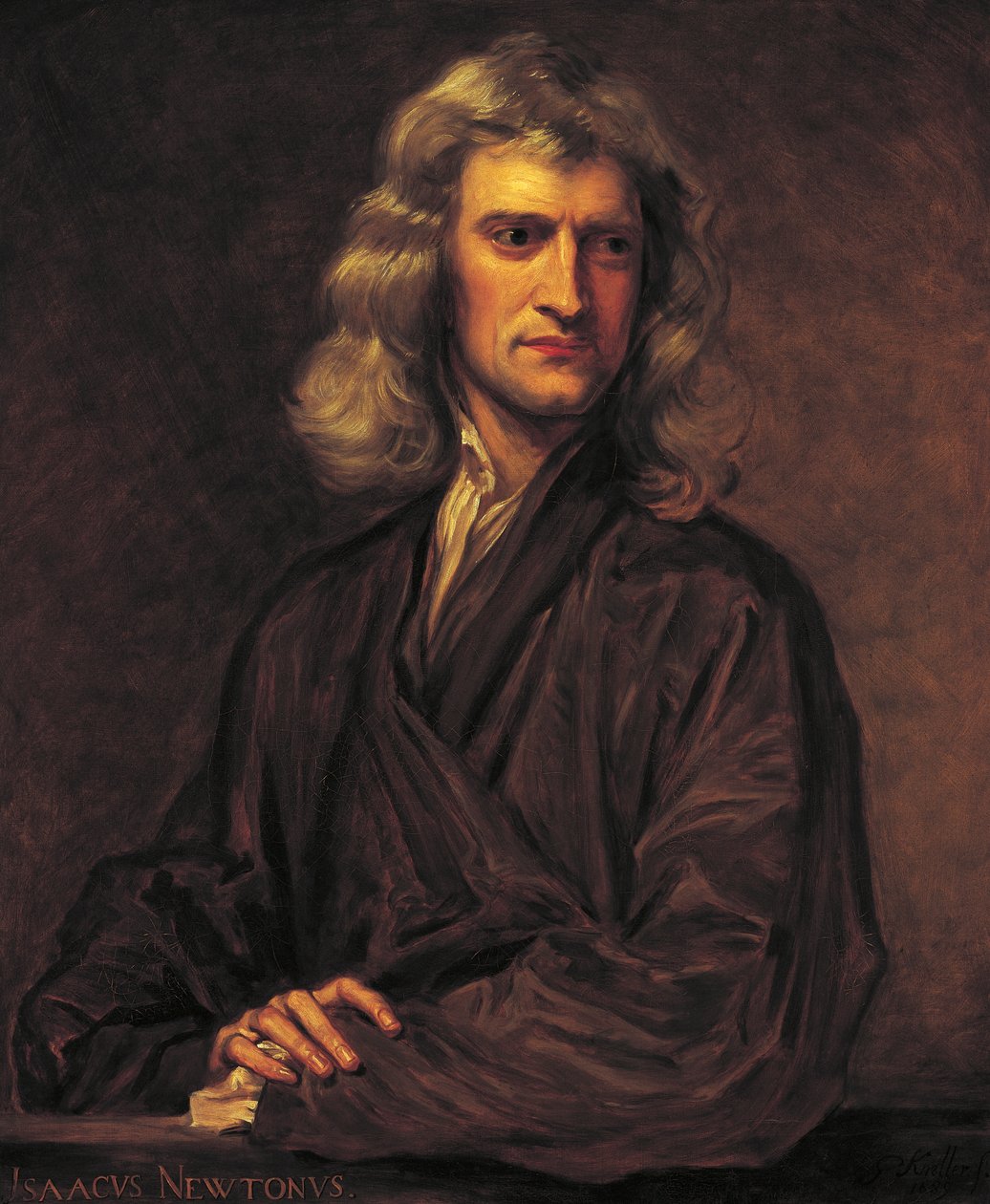 Portrett av Isaac Newton, etter originalen av Sir Godfrey Kneller fra 1689 av Thomas Barlow