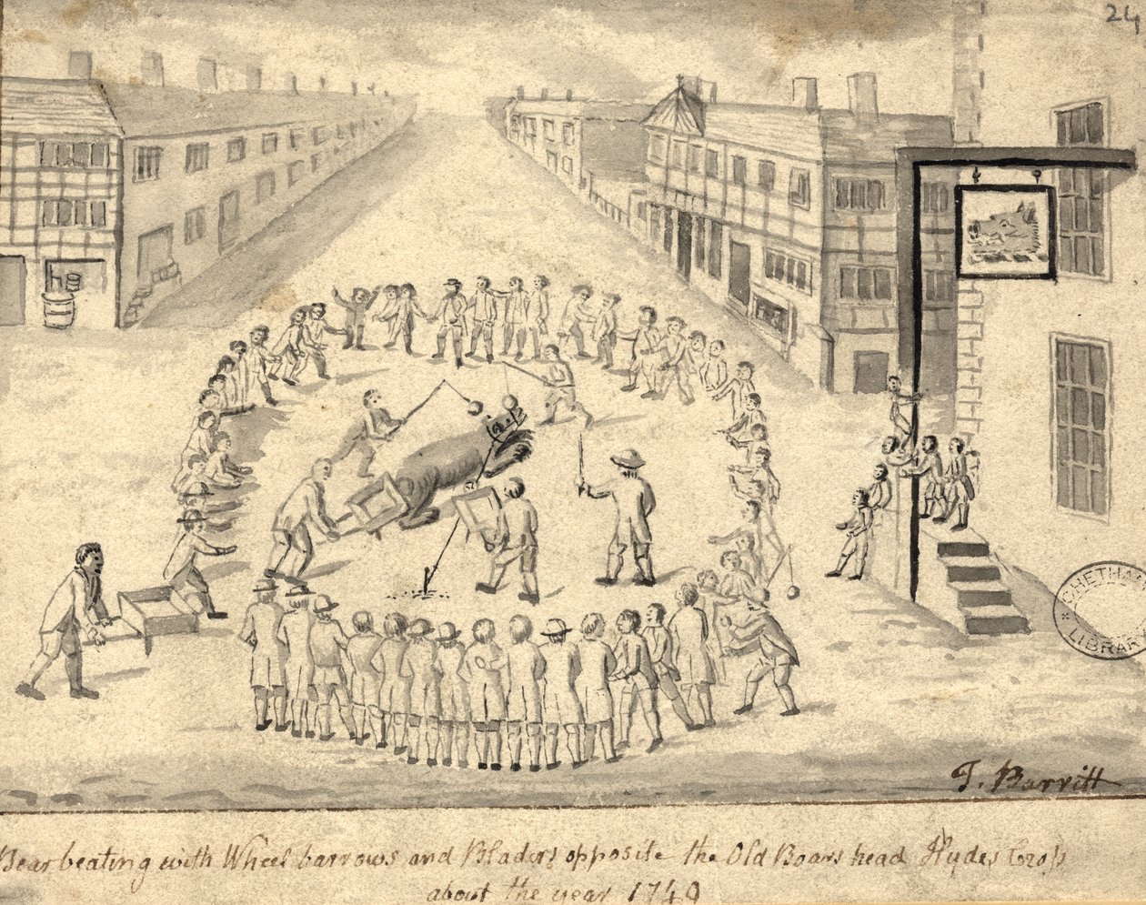 Bear baiting, Manchester, 1819 (penn og blekk og vask på papir) av Thomas Barritt