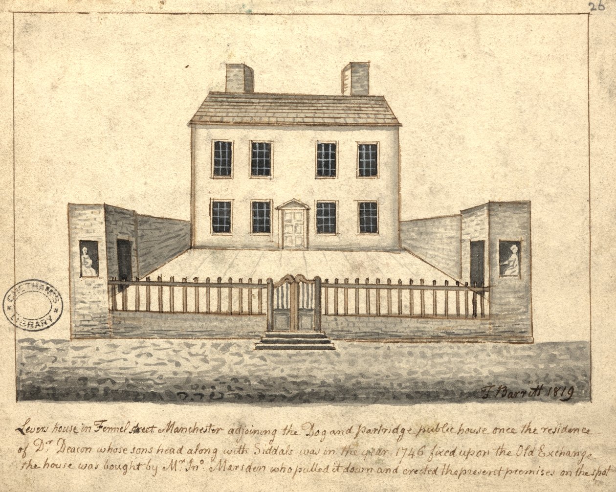 Levers House, Manchester, 1819 (penn og blekk og vask på papir) av Thomas Barritt