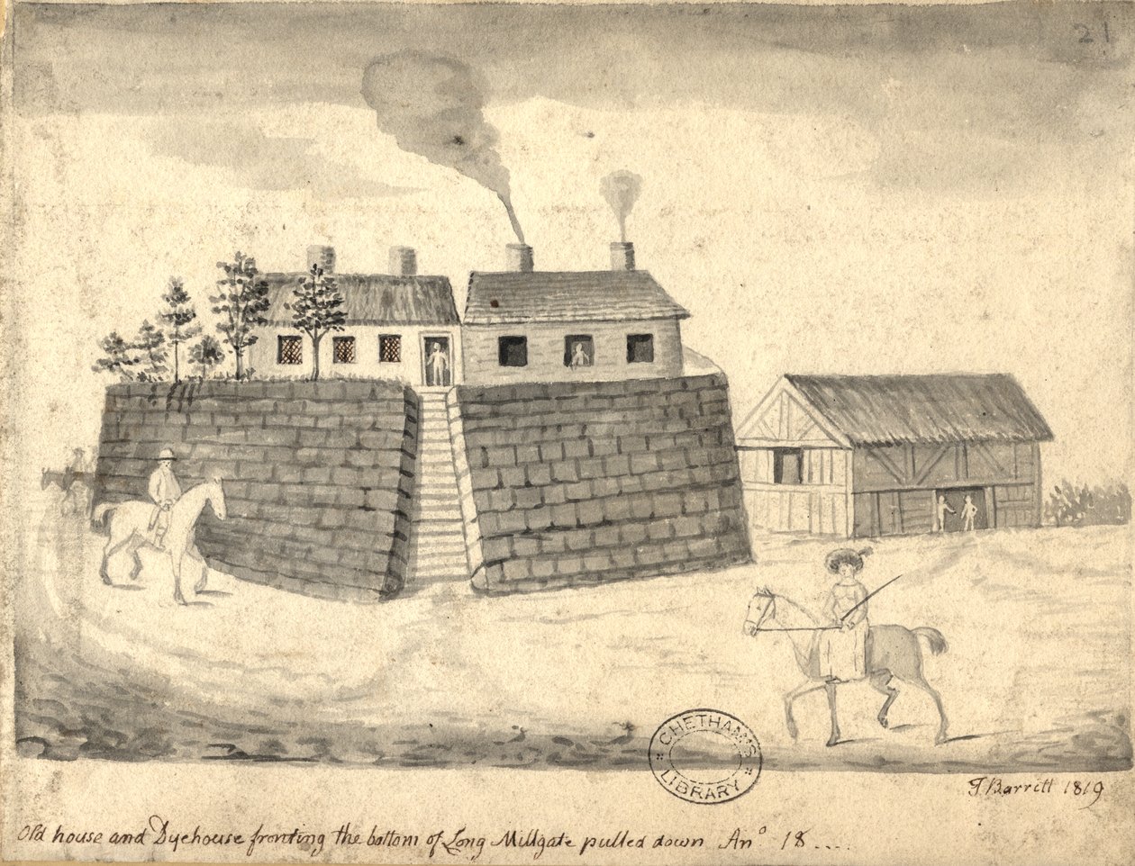 Old Dye House and Dye House, Manchester, 1819 (penn og blekk og vask på papir) av Thomas Barritt