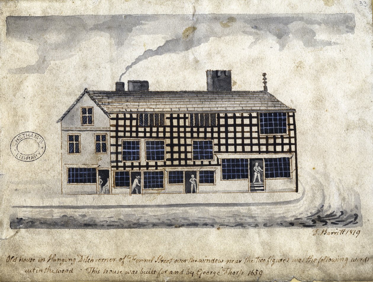 Old House on Hanging Ditch, Manchester, 1819 (penn og blekk og vask på papir) av Thomas Barritt