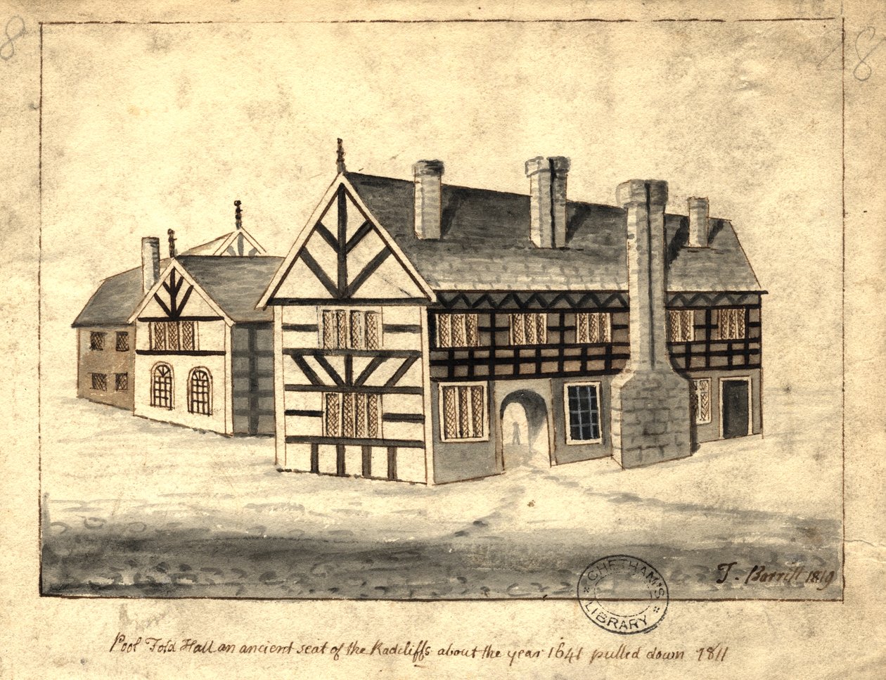 Pool Fold Hall, Manchester, 1819 (penn og blekk og vask på papir) av Thomas Barritt