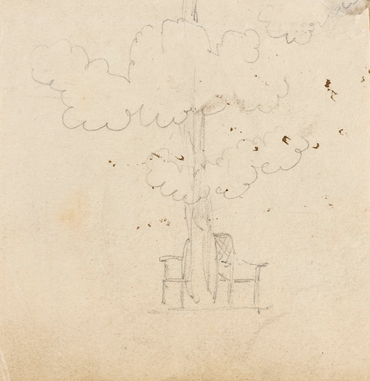 Studie av et tre med to stoler på hver side av stammen av Thomas Baxter