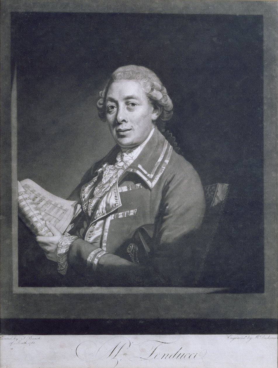 Portrett av Giusto Ferdinando Tenducci (ca. 1735-90), italiensk castrato, gravert av William Dickinson (1746-1823), 1782 av Thomas Beach