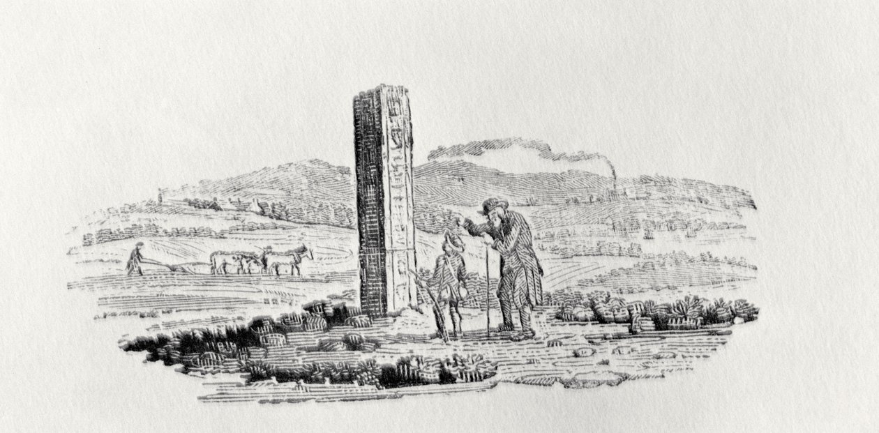 Man and a Boy ved et monument fra "History of British Birds and Quadrupeds" av Thomas Bewick