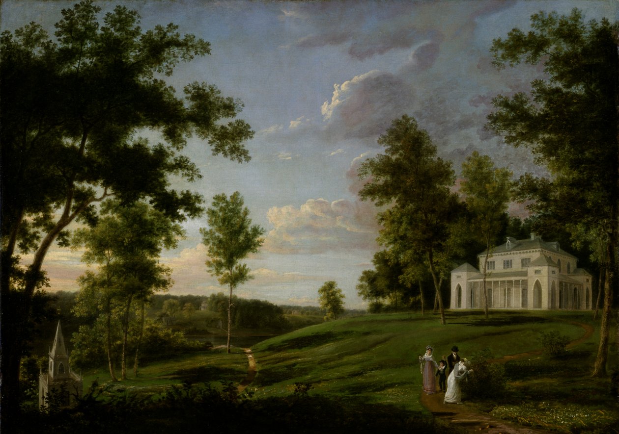 Sørøstutsikt over Sedgeley Park, landssetet til James Cowles Fisher, Esq., ca. 1819. av Thomas Birch
