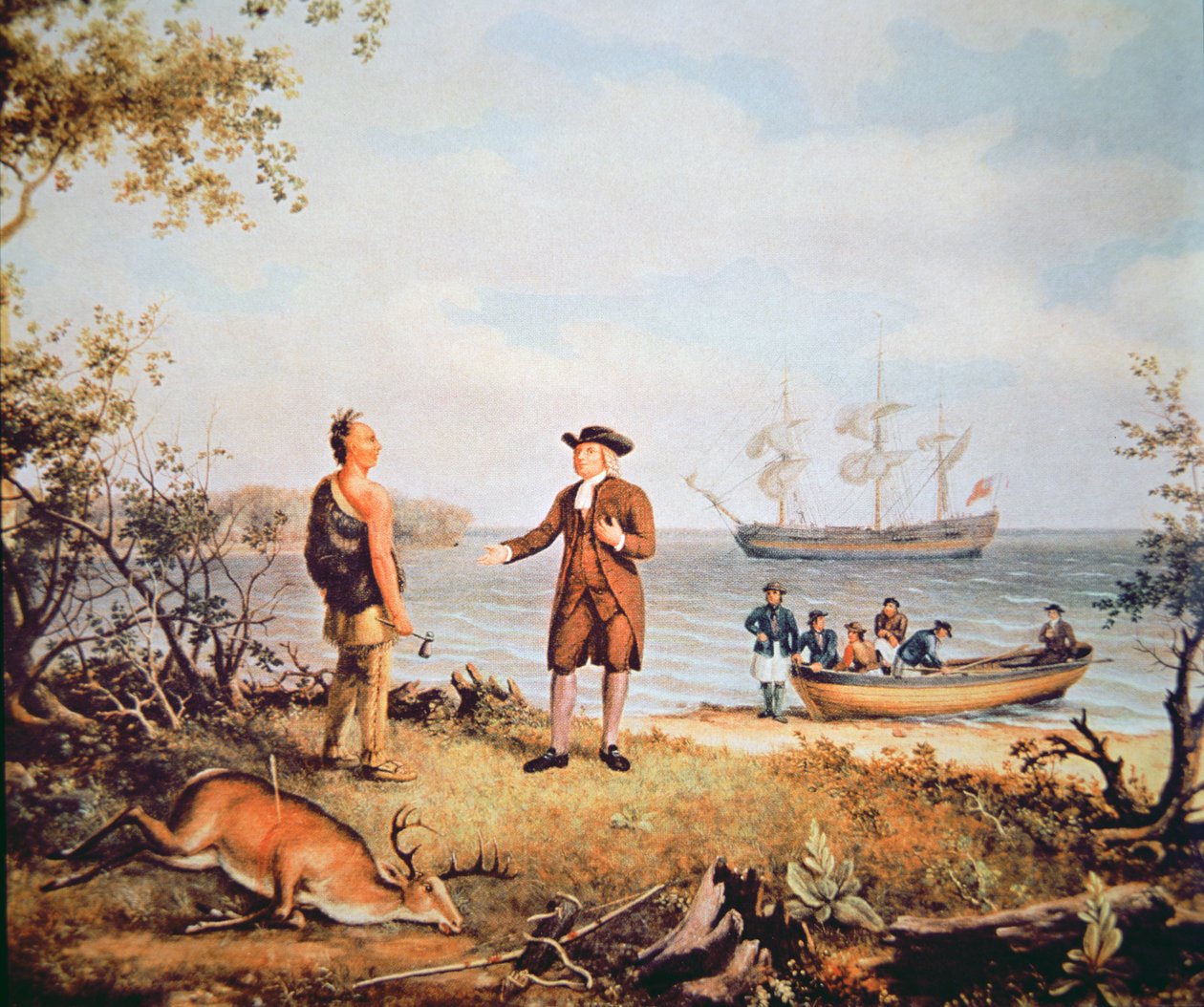 William Penn ankommer Amerika for første gang og møter en indianer i 1682 (olje på lerret) av Thomas Birch