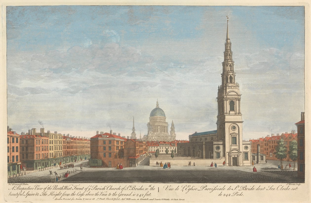 A Perspective View of North West Front of ye Parish Church of St. Brides, med den vakre Spire & c. Høyden fra korset over forgjeves til bakken er 242 fot av Thomas Bowles