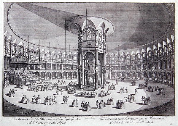 Innsiden av Rotundaen i Ranelagh Gardens med selskapet til frokost, fra John Stows "Survey of the Cities of London and Westminster" av Thomas Bowles
