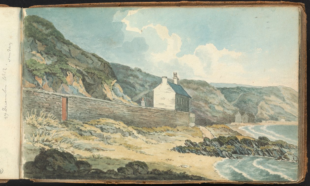 Album med landskaps- og figurtegninger: Hus på en steinete strandlinje av Thomas Bradshaw