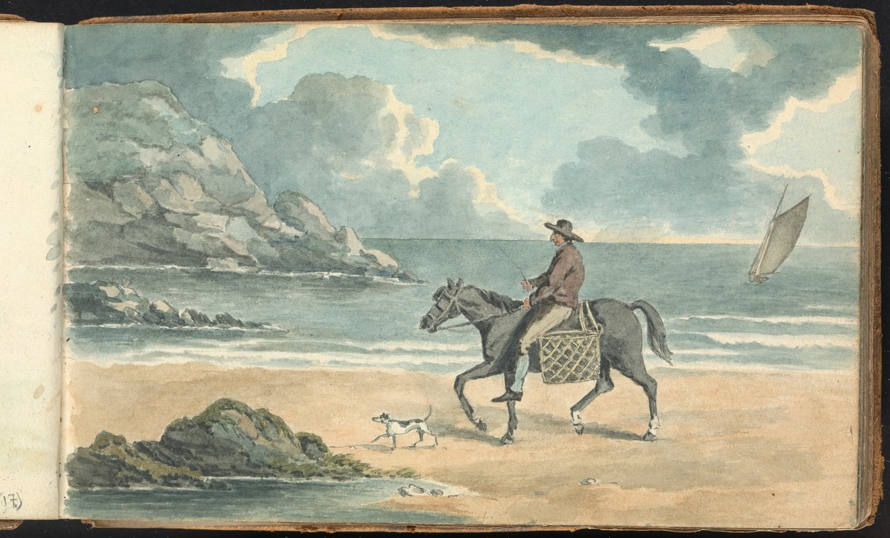 Album med landskaps- og figurstudier: Man Riding a Horse on the Beach av Thomas Bradshaw