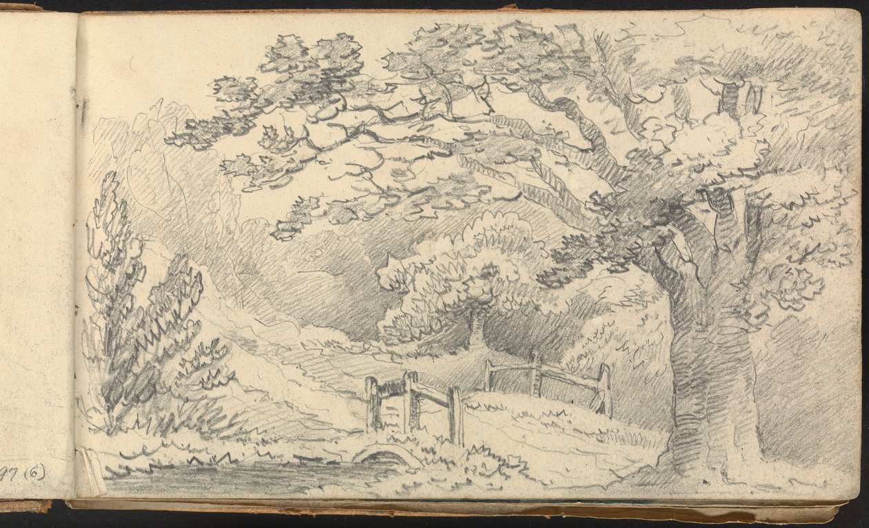 Album med landskaps- og figurstudier: Rural Landscape with a Bridge av Thomas Bradshaw