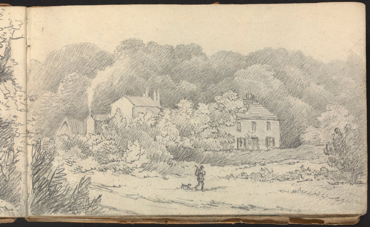 Album med landskaps- og figurstudier: Rural Scene with Houses and a Hunter and His Dog av Thomas Bradshaw