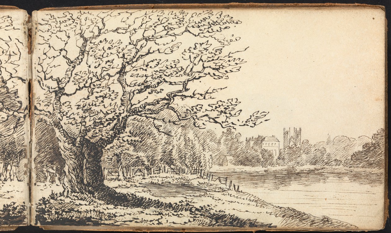 Album med landskaps- og figurstudier: Trees Alongside a River with Buildings in the Distance av Thomas Bradshaw
