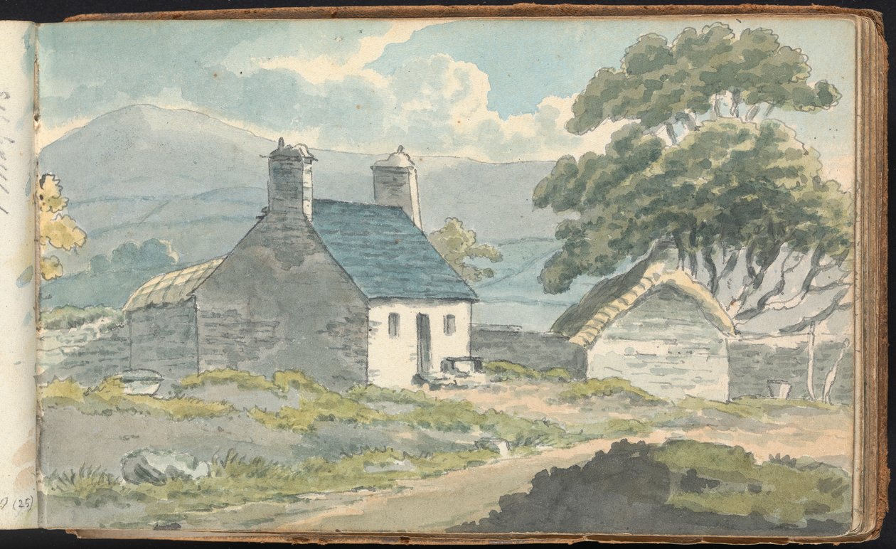 Album med landskaps- og figurstudier: To steinhytter av Thomas Bradshaw