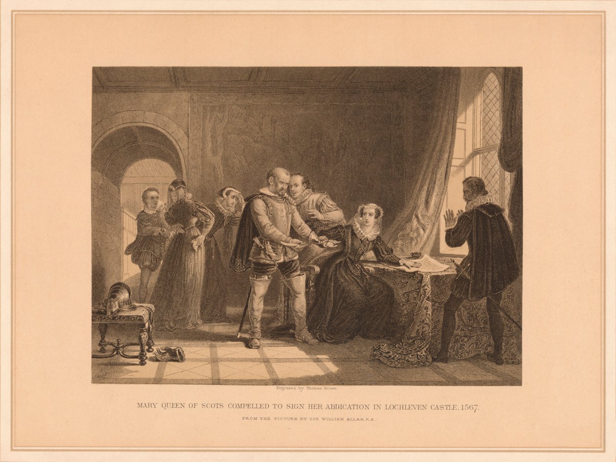 Mary Queen of Scots tvunget til å signere sin abdikasjon i Lochleven Castle, 1567, 1878 av Thomas Brown