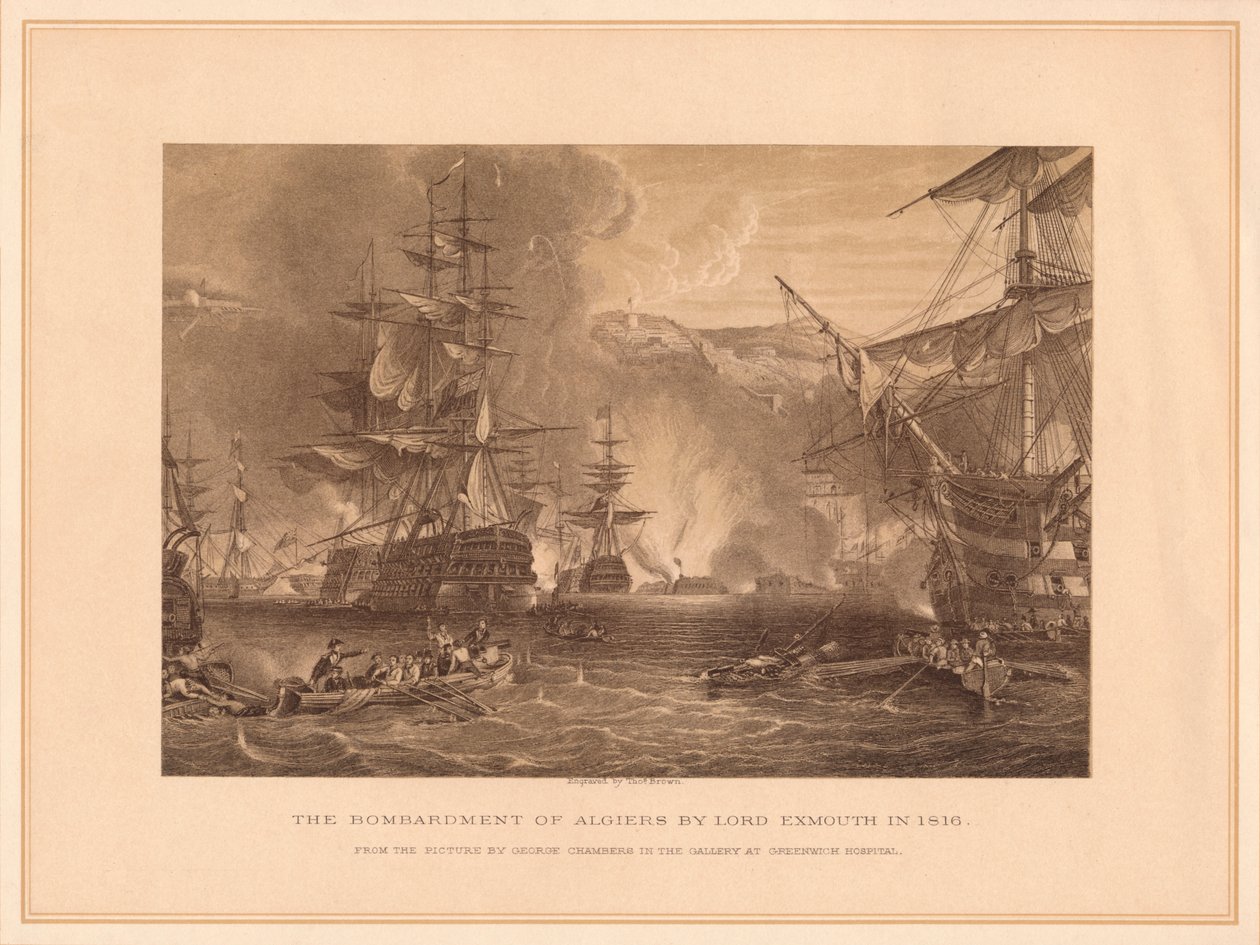 The Bombardment of Algiers av Lord Exmouth i 1816, 1878. av Thomas Brown