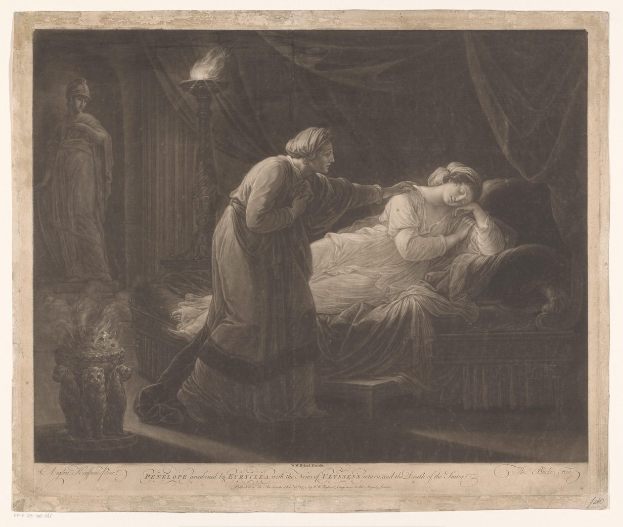 Penelope wordt gewekt av Euryclea Penelope vekket av Euryclea, med nyheter om Ulysses' tilbakekomst, og friernes død (tittel på objekt) av Thomas Burke