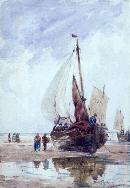 A Beached Fishing Smack (akvarell) av Thomas Bush Hardy