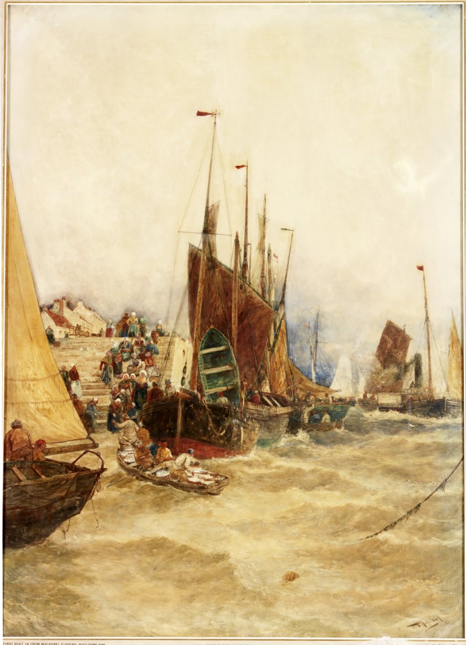 Den første båten inn fra Makrellfiske, Boulogne, 1889 (akvarell på papir lagt på lerret) av Thomas Bush Hardy