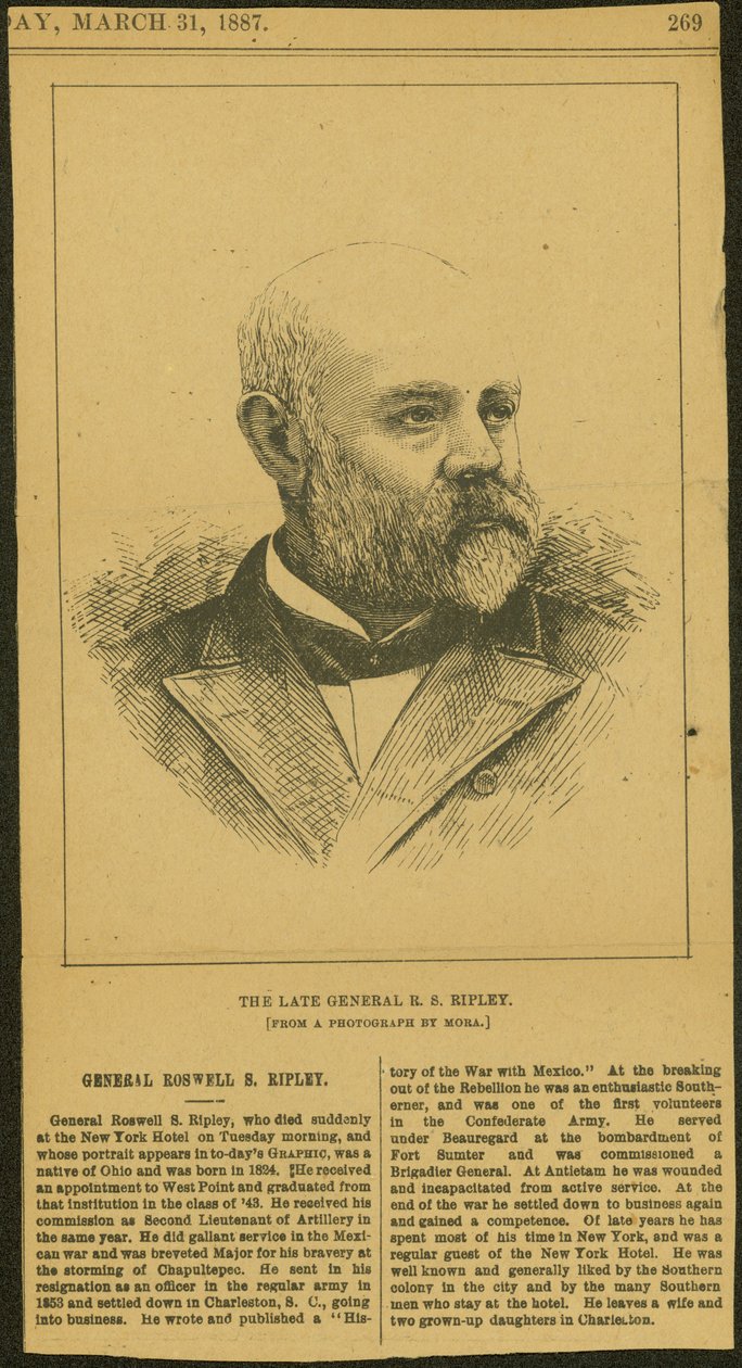 Nekrolog og gravering av general R.S. Ripley av Thomas Butler Gunn