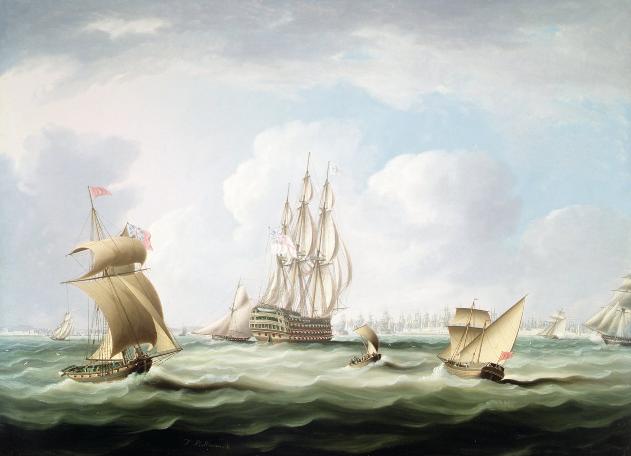 En førsteklasses med en viseadmiral fra White Board og annet håndverk i Cadiz Bay (olje på lerret) av Thomas Buttersworth