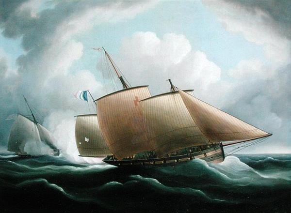 En fransk Lugger forfulgt av en engelsk kutter (olje på lerret) av Thomas Buttersworth