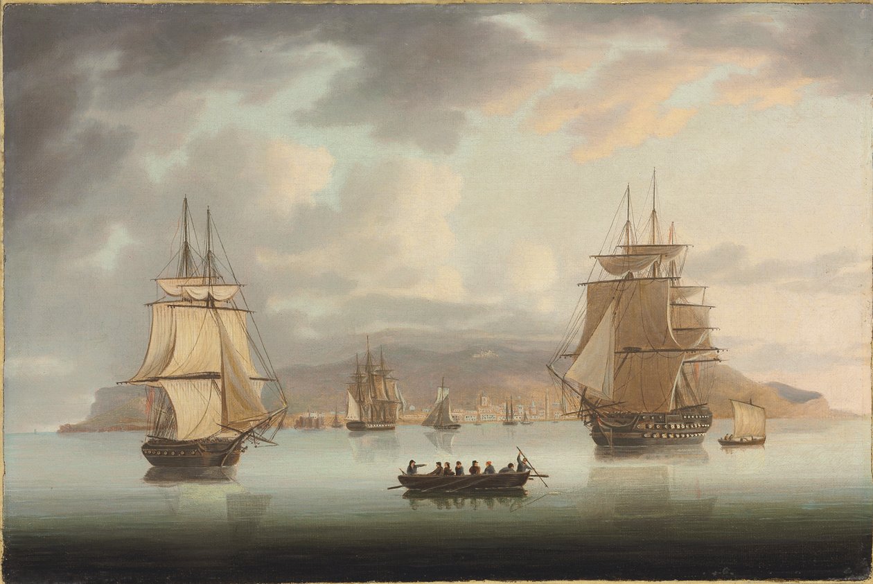 Funchal Roadstead, H.M.S. Blenheim med Greyhound og Harrier Outward Bound, 1805 av Thomas Butterworth