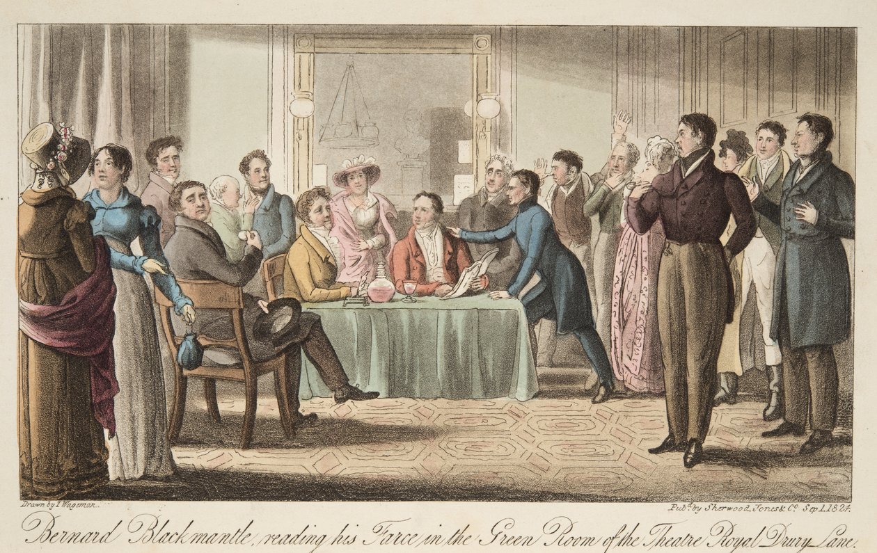 Bernard Blackmantle leser farsen sin i Green Room i Covent Garden Theatre, fra The English Spy, pub. 1824 (håndfarget gravering) av Thomas Charles Wageman