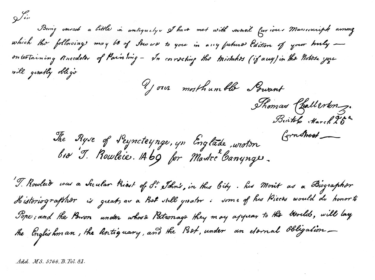 En del av et brev fra Thomas Chatterton til Horace Walpole, sent på 1700-tallet, 1840 av Thomas Chatterton