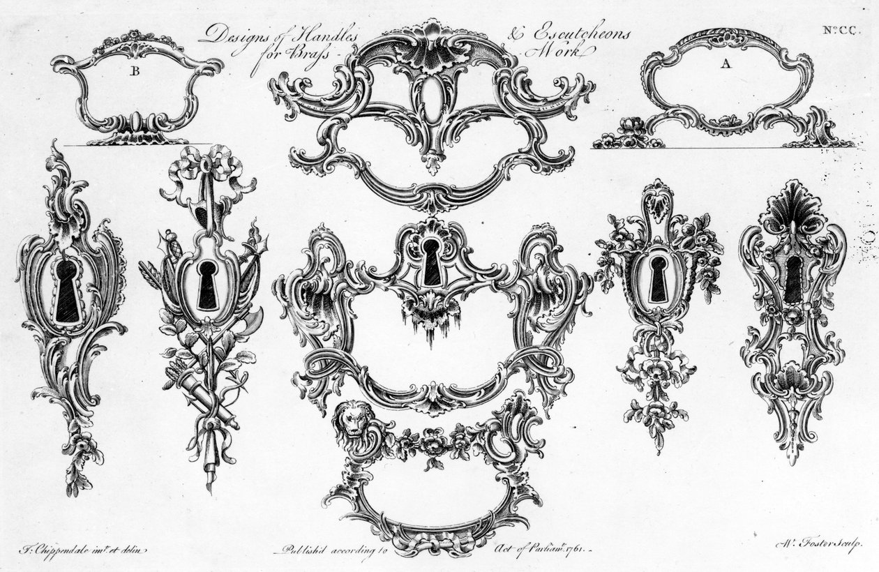 Designs of Handles und Escutcheons for Messing Work, trykk laget av W. Foster, 1761 av Thomas Chippendale