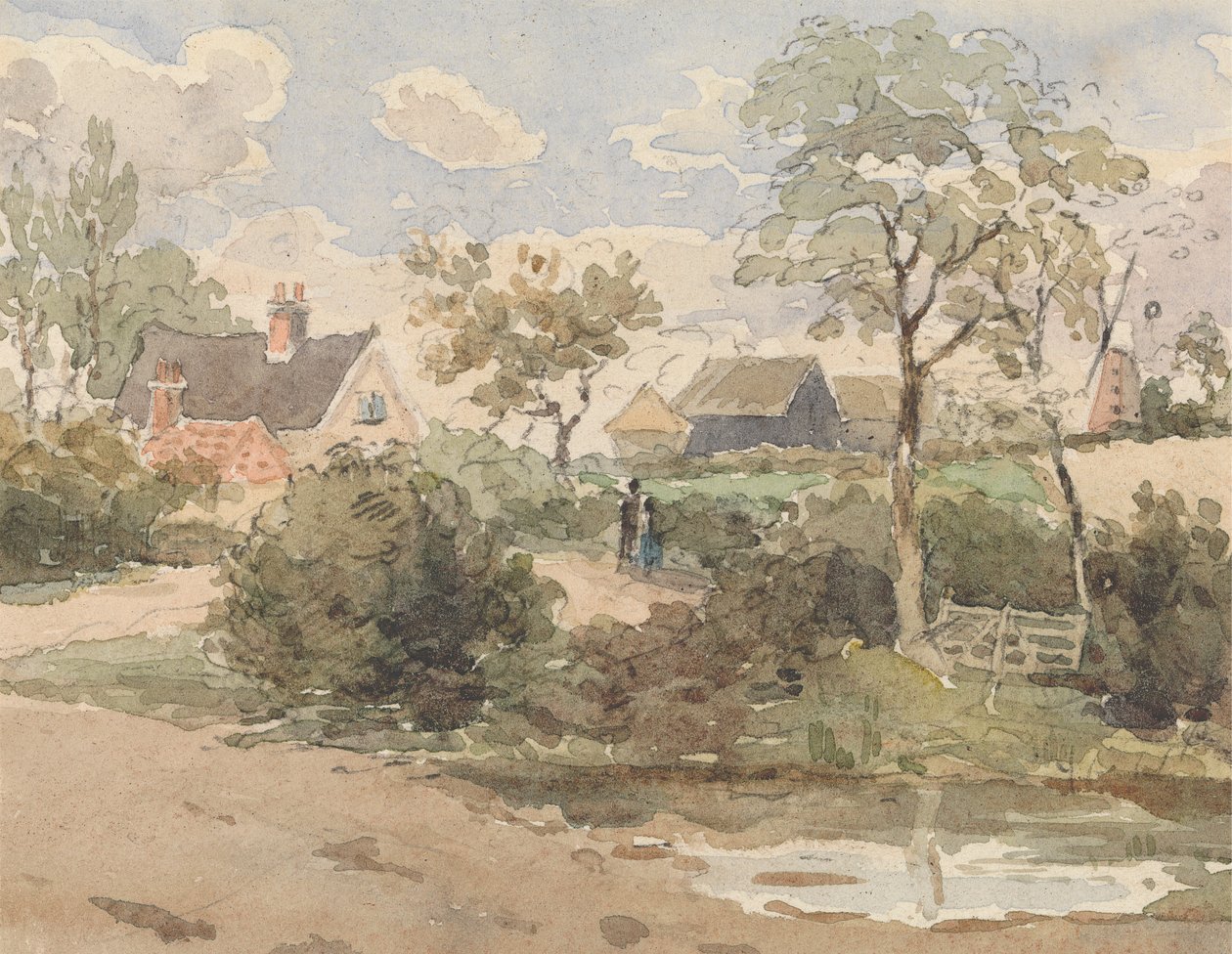 Landlig landskap med hytte, vindmølle, låver og figurer med dam i forgrunnen av Thomas Churchyard