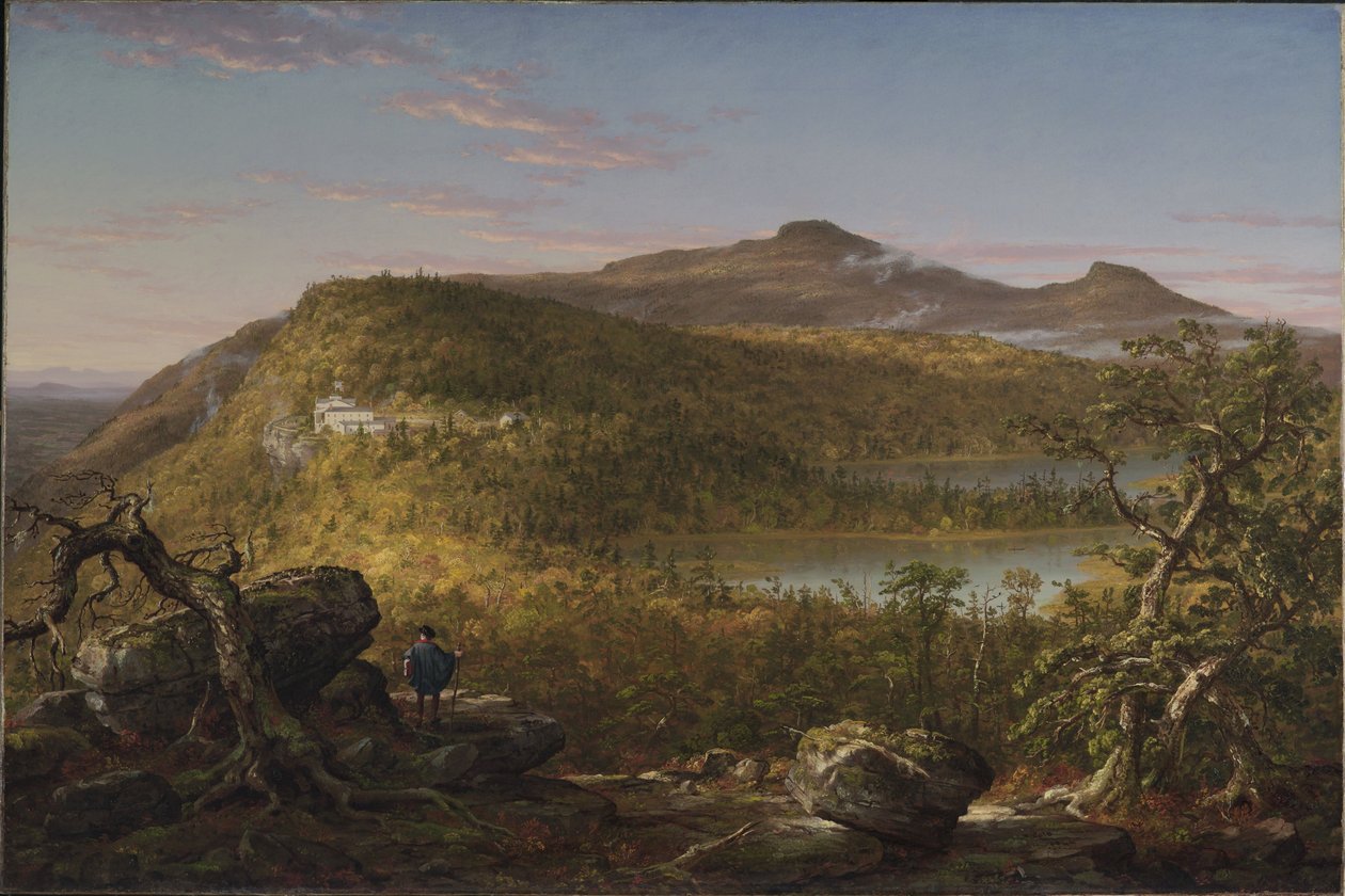 Utsikt over de to innsjøene og Mountain House, Catskill Mountains, morgen av Thomas Cole