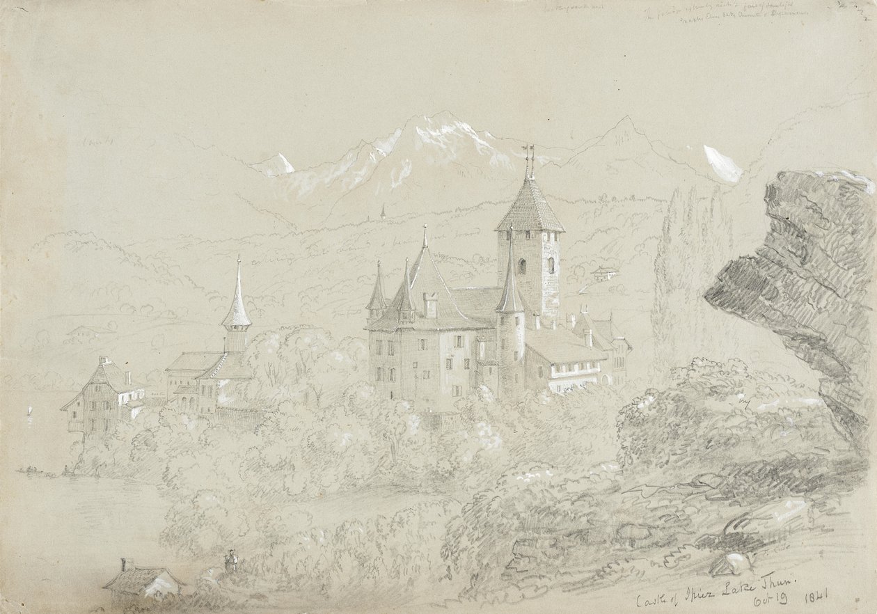 Castle of Spiez, 1841 (blyant og gouache på grågrønt papir) av Thomas Cole