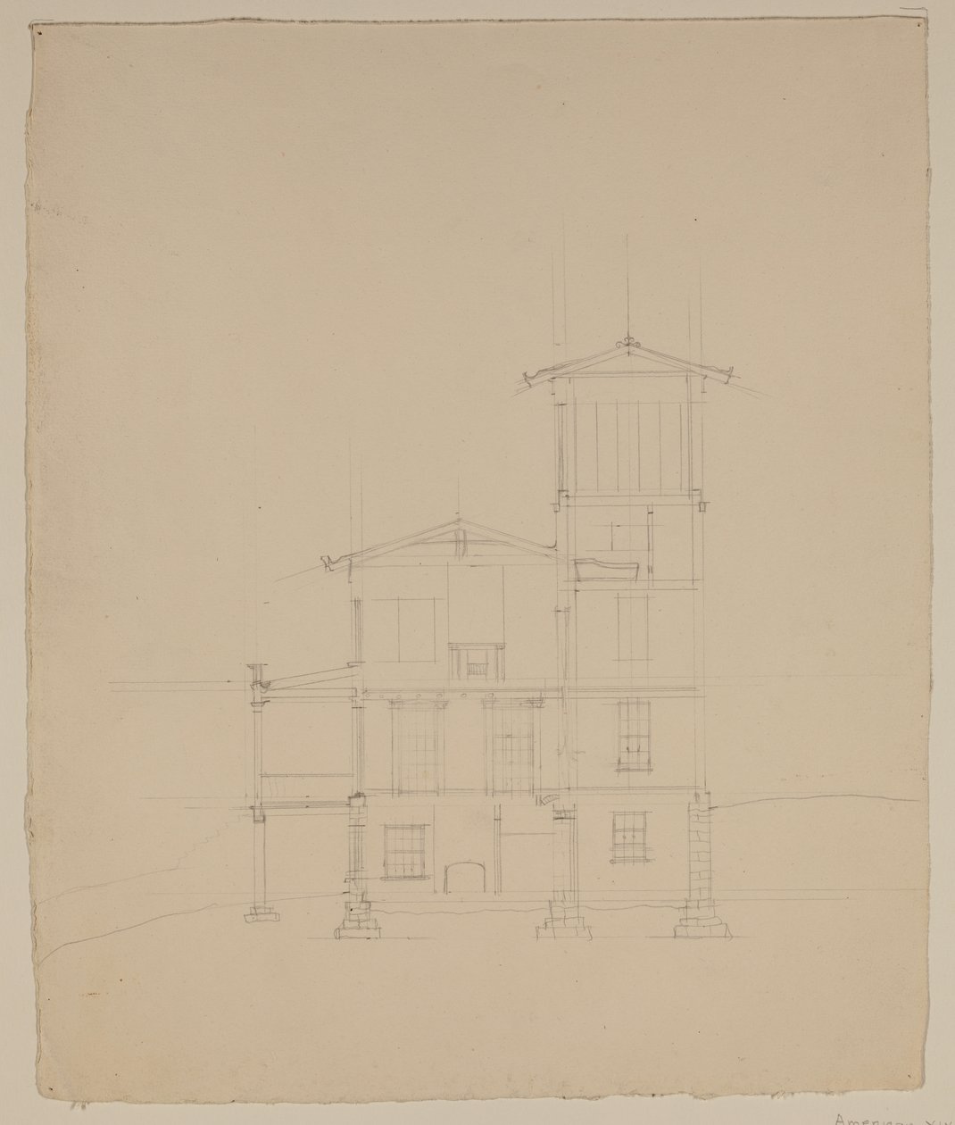 Tegning av foreslått villa i Catskill, ca. 1801-48 (grafittblyant på off-white vevd papir) av Thomas Cole