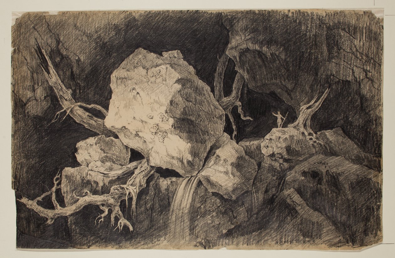 Hunter Standing in Cave near Rock and Waterfall, ca. 1828 (grafittblyant) av Thomas Cole