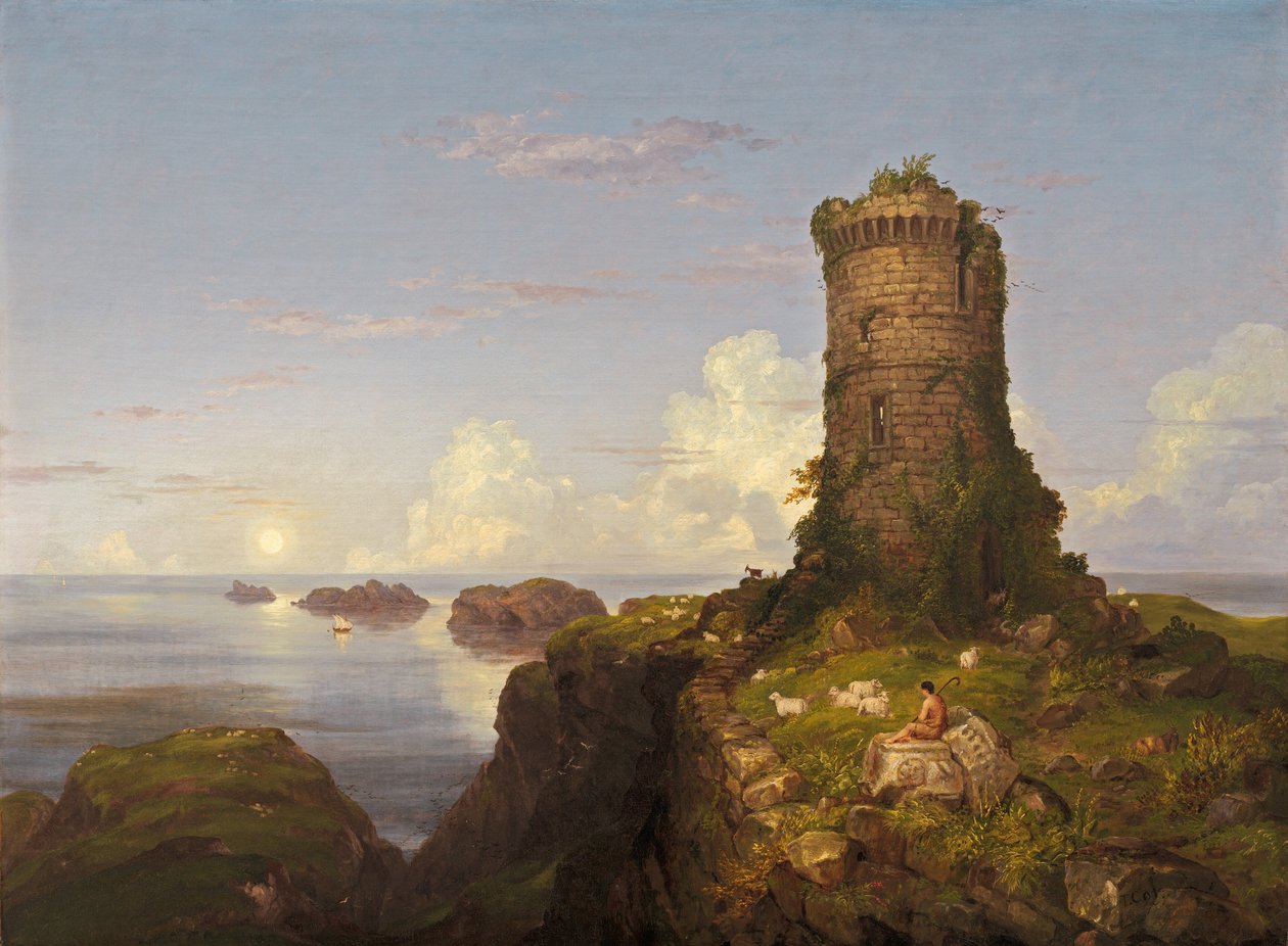 Italiensk kystscene med ødelagt tårn av Thomas Cole