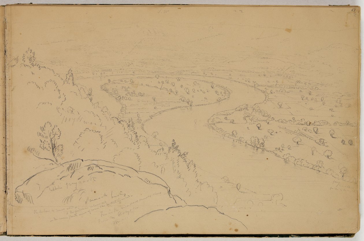 Panorama av Oxbow på Connecticut River sett fra Mount Holyoke, ca. 1832 (blyant på papir) av Thomas Cole