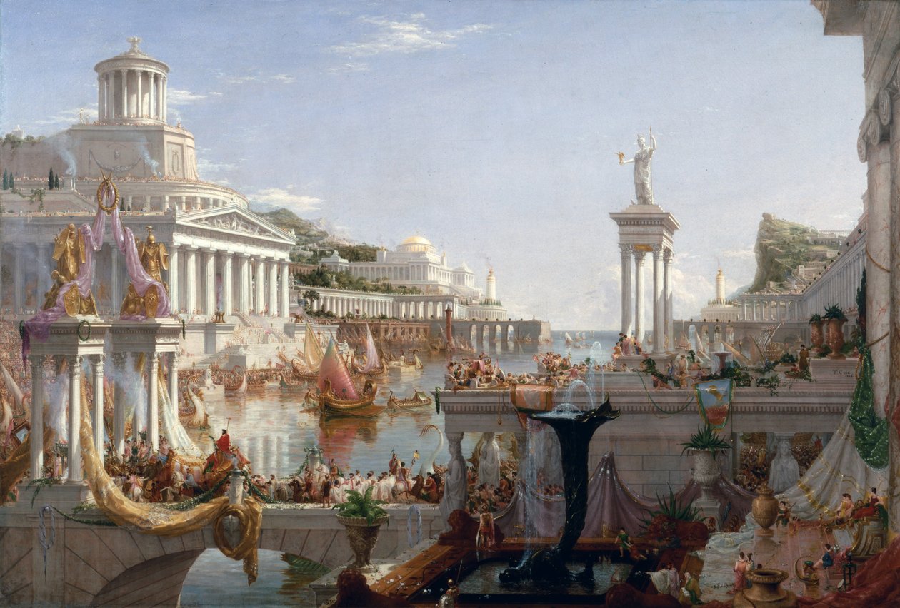 The Course of Empire Consumption - The Apotheosis of the Roman Empire. I bakgrunnen øya Atlantis (Atlantis) i sin prakt. Maleri av Thomas Cole av Thomas Cole