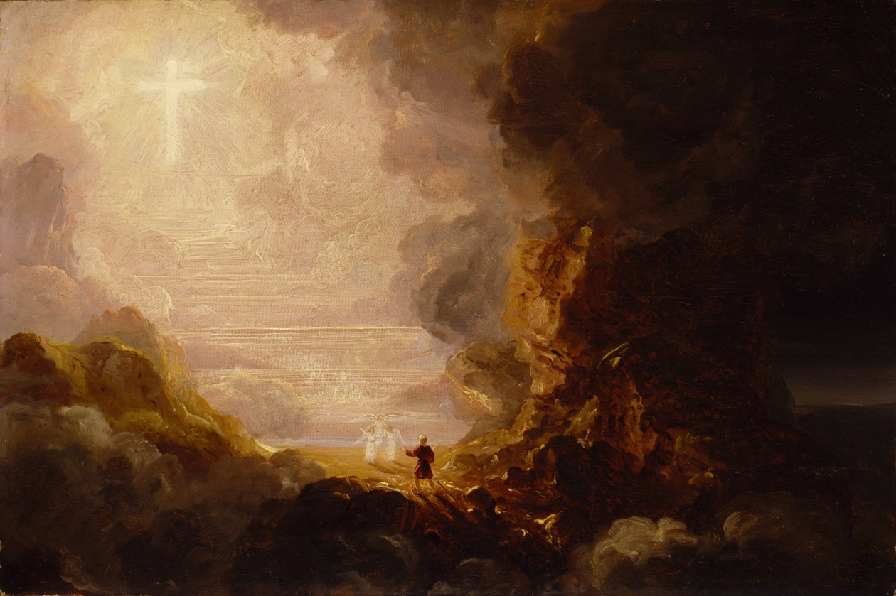 The Pilgrim of the Cross ved slutten av sin reise, ca. 1846-48 (olje på lerret) av Thomas Cole