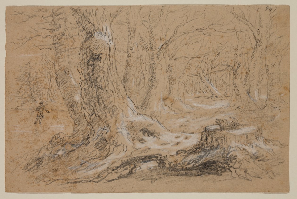 Trær om vinteren med mann som står på Frozen Creek (blyant og gouache på papir) av Thomas Cole